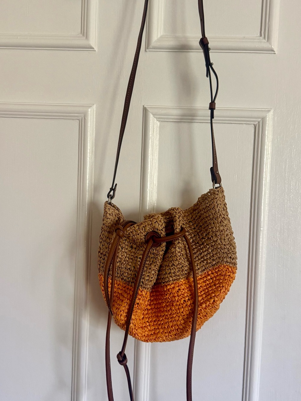 Massimo Dutti Orange and Tan Woven Drawstring Crossbody Bag